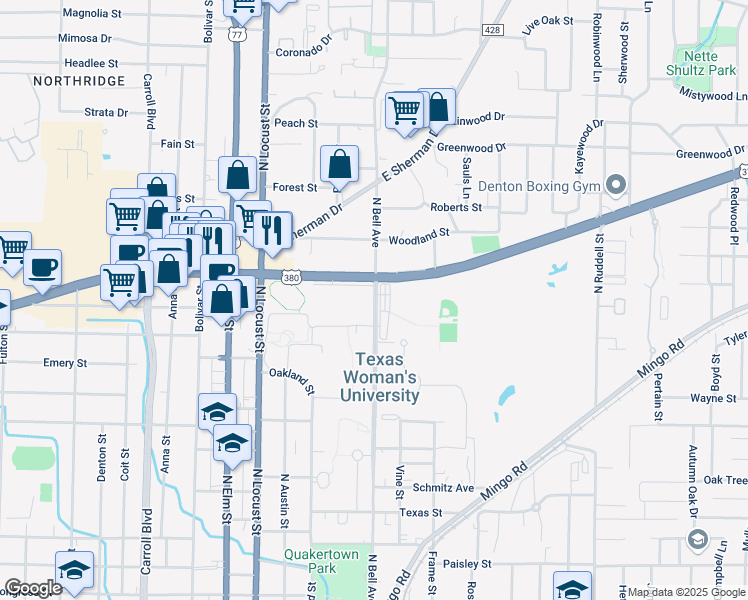 map of restaurants, bars, coffee shops, grocery stores, and more near 1607 North Bell Avenue in Denton