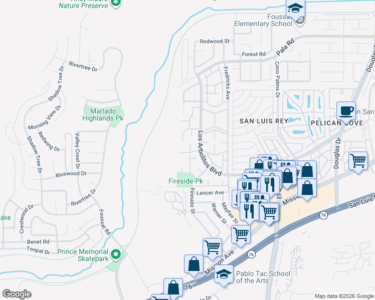 map of restaurants, bars, coffee shops, grocery stores, and more near 501 Citrus Way in Oceanside