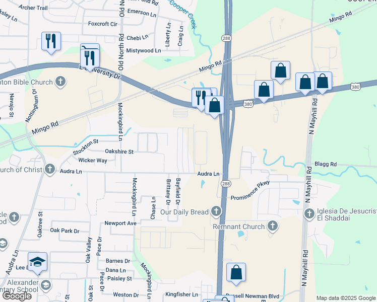 map of restaurants, bars, coffee shops, grocery stores, and more near 1226 Bayfield Drive in Denton
