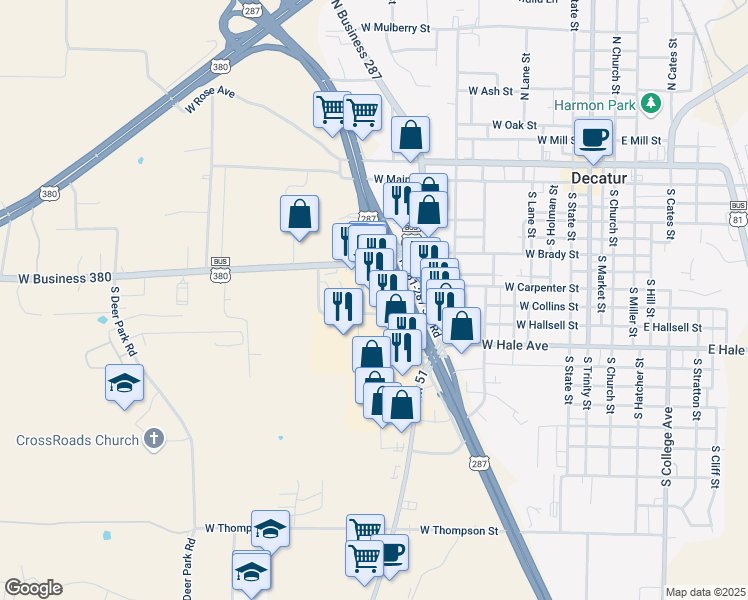 map of restaurants, bars, coffee shops, grocery stores, and more near 600 U.S. 287 in Decatur