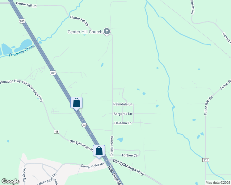map of restaurants, bars, coffee shops, grocery stores, and more near 540 Center Hill Road in Sylacauga