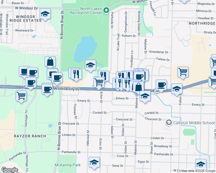 map of restaurants, bars, coffee shops, grocery stores, and more near 1900 West University Drive in Denton