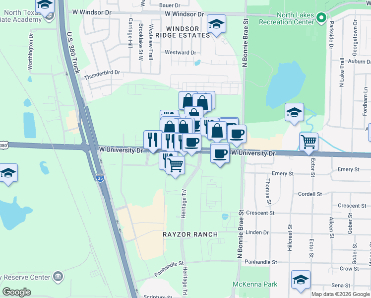 map of restaurants, bars, coffee shops, grocery stores, and more near 2620 West University Drive in Denton
