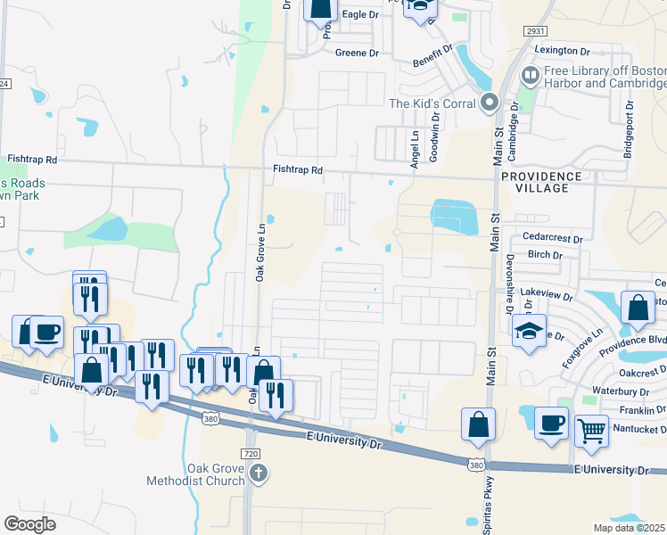 map of restaurants, bars, coffee shops, grocery stores, and more near 2345 Pyrite Drive in Aubrey