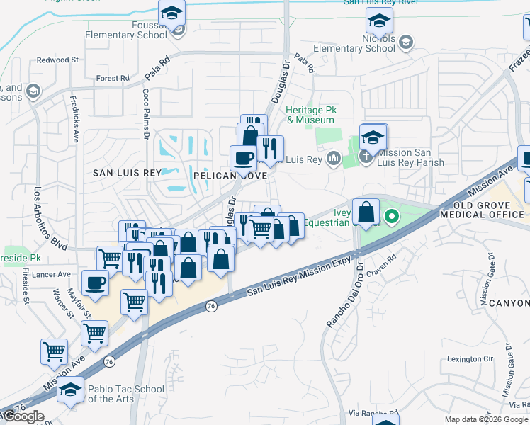map of restaurants, bars, coffee shops, grocery stores, and more near 82 Shirle Lane in Oceanside