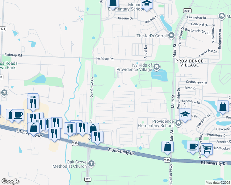 map of restaurants, bars, coffee shops, grocery stores, and more near 2345 Pyrite Drive in Aubrey