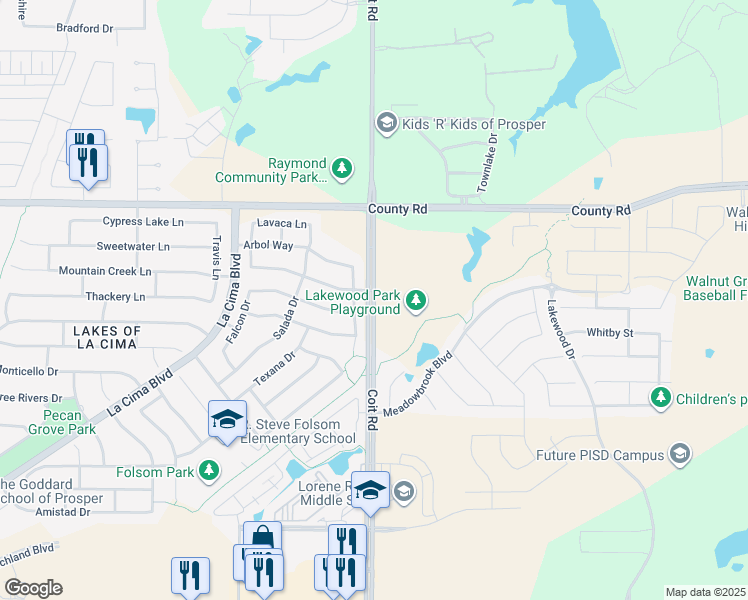 map of restaurants, bars, coffee shops, grocery stores, and more near 880 Coit Road in Prosper