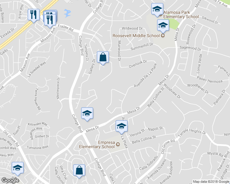 map of restaurants, bars, coffee shops, grocery stores, and more near 4823 Glenhollow Circle in Oceanside