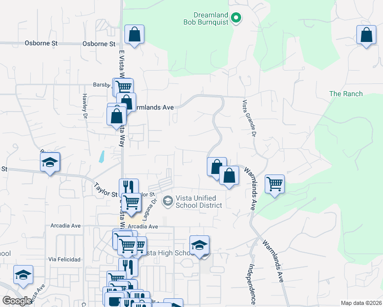 map of restaurants, bars, coffee shops, grocery stores, and more near 1321 Douglas Drive in Vista