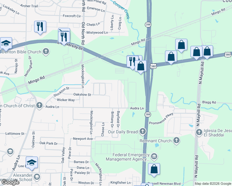 map of restaurants, bars, coffee shops, grocery stores, and more near 1309 Bayfield Drive in Denton