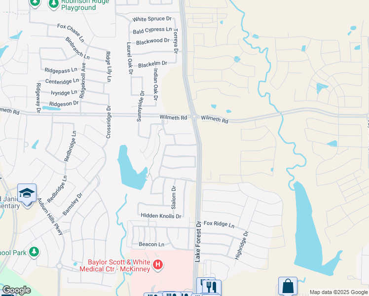map of restaurants, bars, coffee shops, grocery stores, and more near 5101 Ridge Run Drive in McKinney