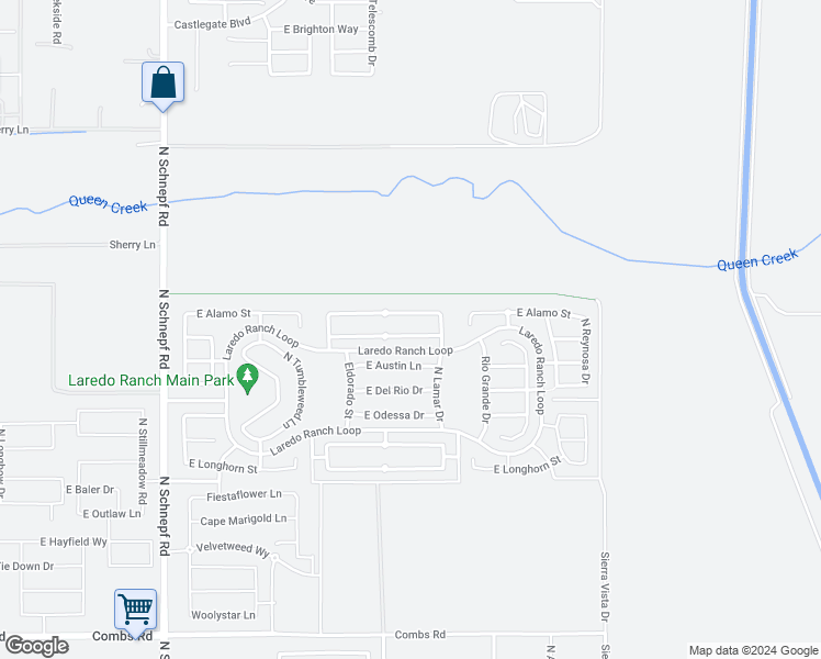 map of restaurants, bars, coffee shops, grocery stores, and more near 4350 East Velasco Street in San Tan Valley