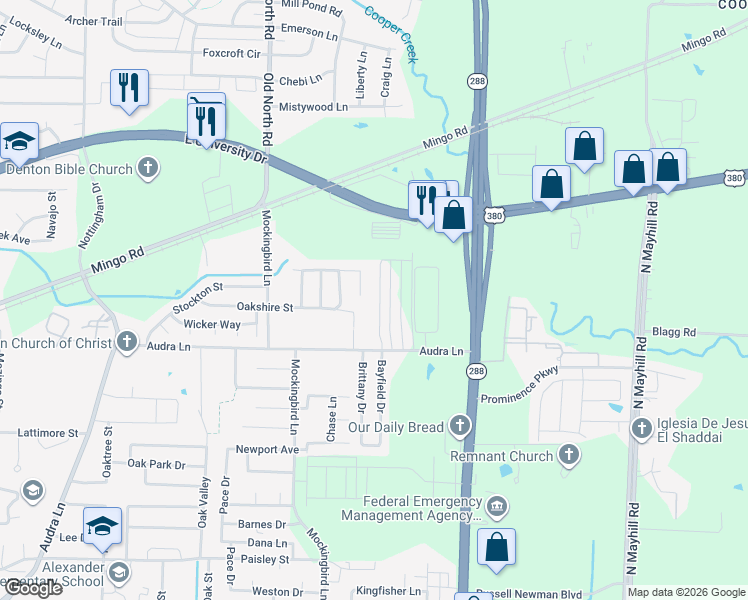 map of restaurants, bars, coffee shops, grocery stores, and more near 1311 Bayfield Drive in Denton