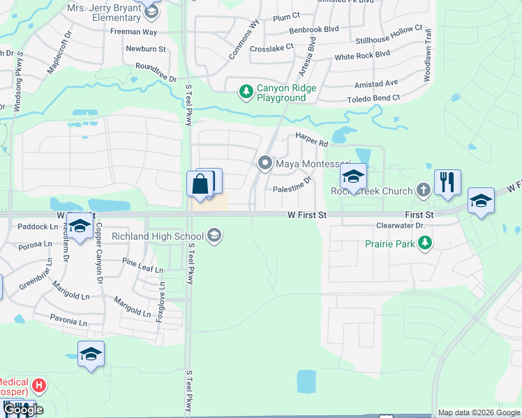 map of restaurants, bars, coffee shops, grocery stores, and more near 1301 Jennings Court in Prosper