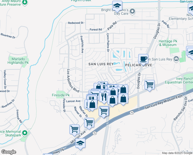 map of restaurants, bars, coffee shops, grocery stores, and more near Los Colinas in Oceanside