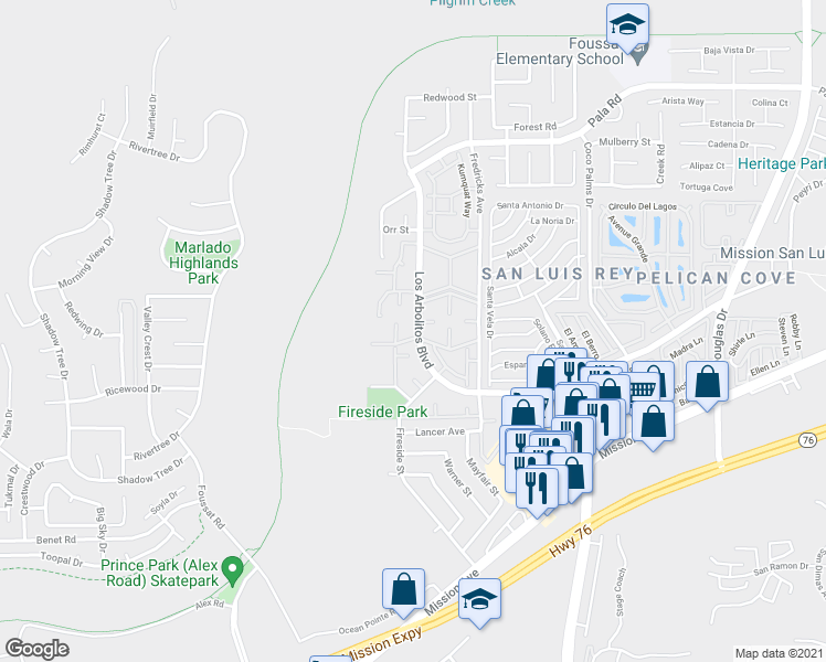 map of restaurants, bars, coffee shops, grocery stores, and more near 414 Los Arbolitos Boulevard in Oceanside