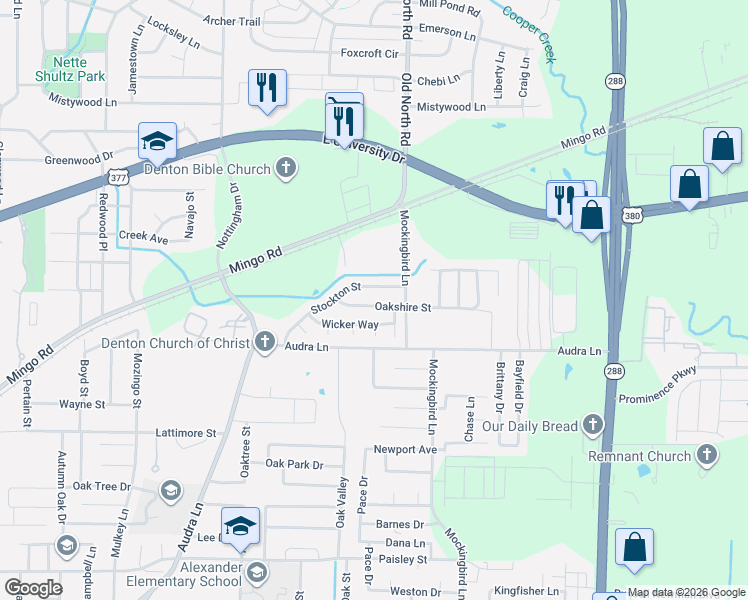 map of restaurants, bars, coffee shops, grocery stores, and more near 2945 Wicker Way in Denton
