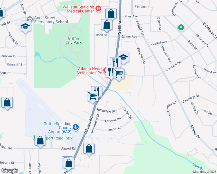 map of restaurants, bars, coffee shops, grocery stores, and more near 109 Summit Drive in Griffin