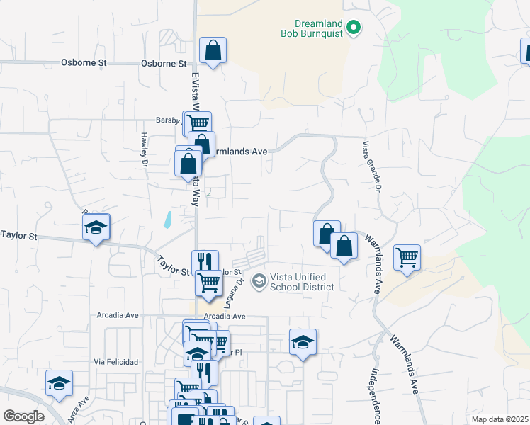 map of restaurants, bars, coffee shops, grocery stores, and more near 1857 Autumn Lane in Vista