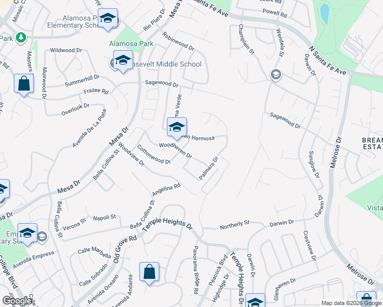map of restaurants, bars, coffee shops, grocery stores, and more near 1406 Woodhaven Drive in Oceanside