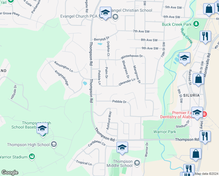 map of restaurants, bars, coffee shops, grocery stores, and more near 148 Pebble Lane in Alabaster