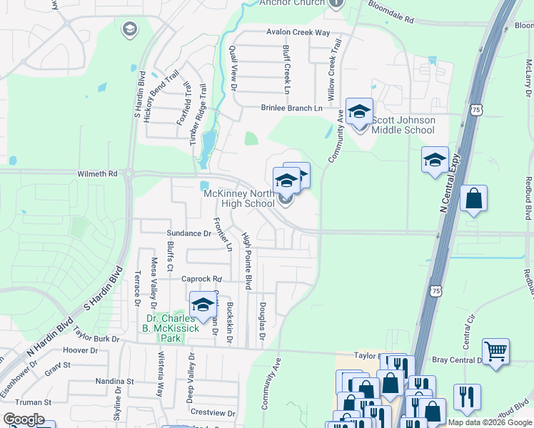 map of restaurants, bars, coffee shops, grocery stores, and more near 2420 Sierra Drive in McKinney