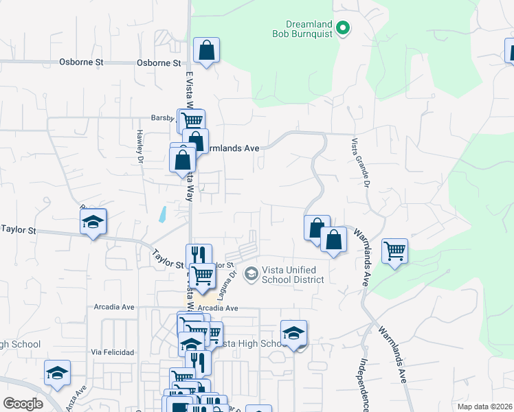 map of restaurants, bars, coffee shops, grocery stores, and more near 1857 Autumn Lane in Vista