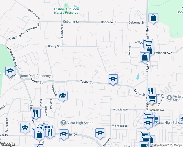 map of restaurants, bars, coffee shops, grocery stores, and more near 554 Taylor Street in Vista