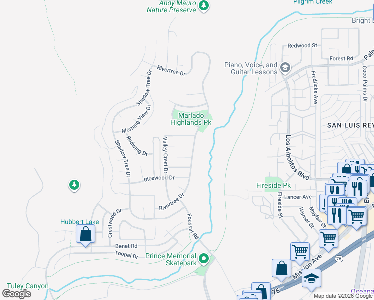 map of restaurants, bars, coffee shops, grocery stores, and more near 3435 Townwood Court in Oceanside