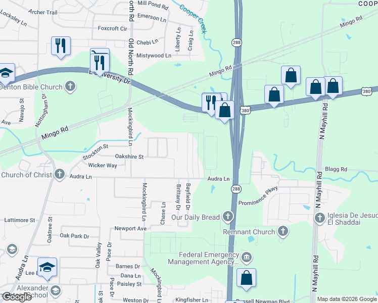map of restaurants, bars, coffee shops, grocery stores, and more near 1226 Bayfield Drive in Denton