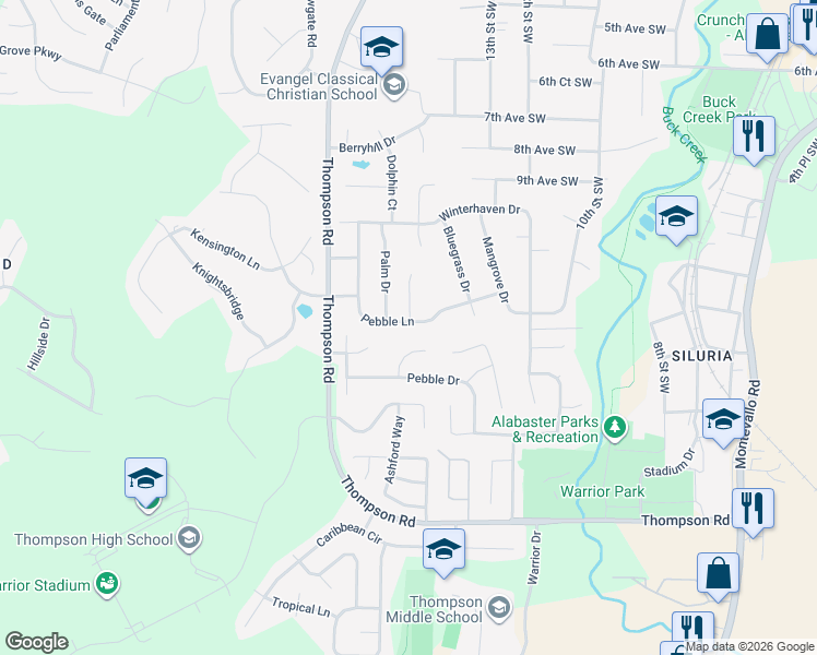 map of restaurants, bars, coffee shops, grocery stores, and more near 152 Pebble Lane in Alabaster