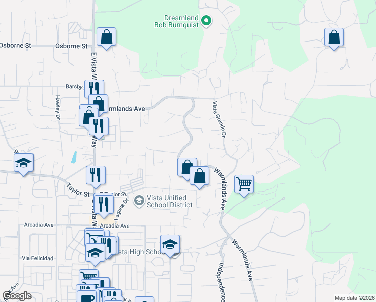 map of restaurants, bars, coffee shops, grocery stores, and more near 1947 Warmlands Avenue in Vista