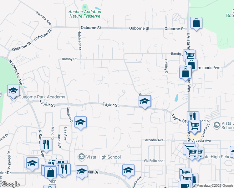 map of restaurants, bars, coffee shops, grocery stores, and more near 554 Taylor Street in Vista
