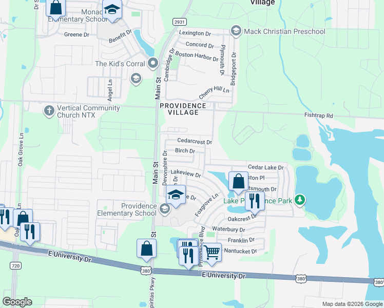 map of restaurants, bars, coffee shops, grocery stores, and more near 9870 Walnut Hill Drive in Denton County