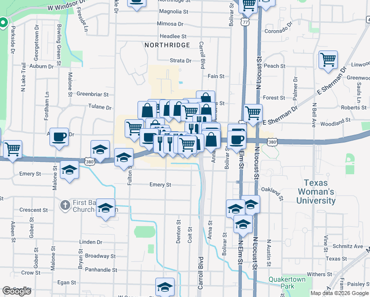 map of restaurants, bars, coffee shops, grocery stores, and more near 611 Sunset Street in Denton