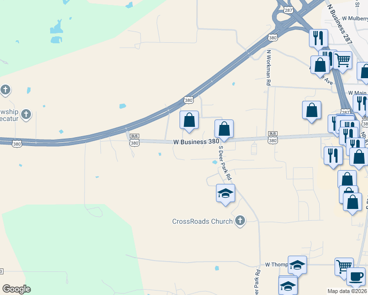 map of restaurants, bars, coffee shops, grocery stores, and more near 1903 West Business 380 in Decatur
