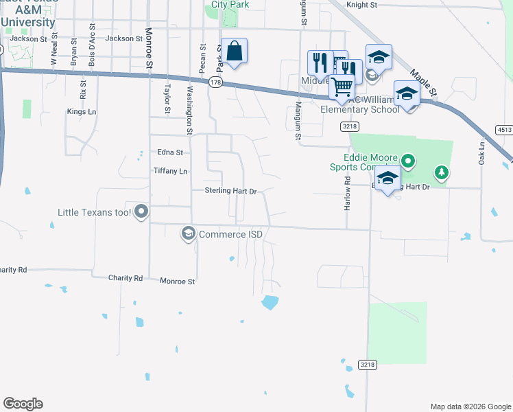 map of restaurants, bars, coffee shops, grocery stores, and more near 2900 Sterling Hart Dr in Commerce