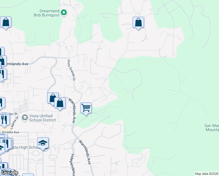 map of restaurants, bars, coffee shops, grocery stores, and more near 1763 Elevado Road in Vista