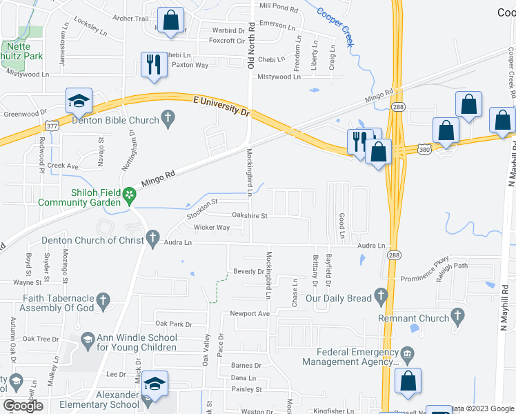 map of restaurants, bars, coffee shops, grocery stores, and more near 1316 Mockingbird Lane in Denton