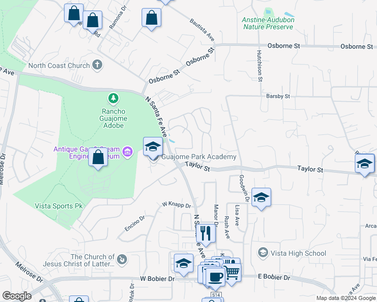 map of restaurants, bars, coffee shops, grocery stores, and more near 179 Paseo Marguerita in Vista