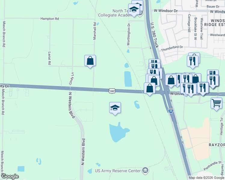 map of restaurants, bars, coffee shops, grocery stores, and more near West University Drive in Denton