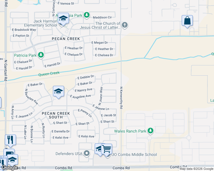 map of restaurants, bars, coffee shops, grocery stores, and more near 38751 North Russ Court in Queen Creek