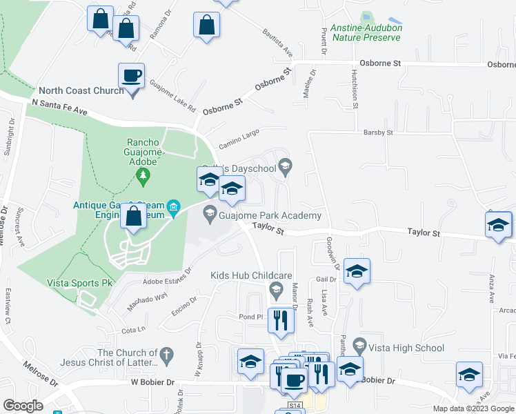 map of restaurants, bars, coffee shops, grocery stores, and more near 179 Paseo Marguerita in Vista