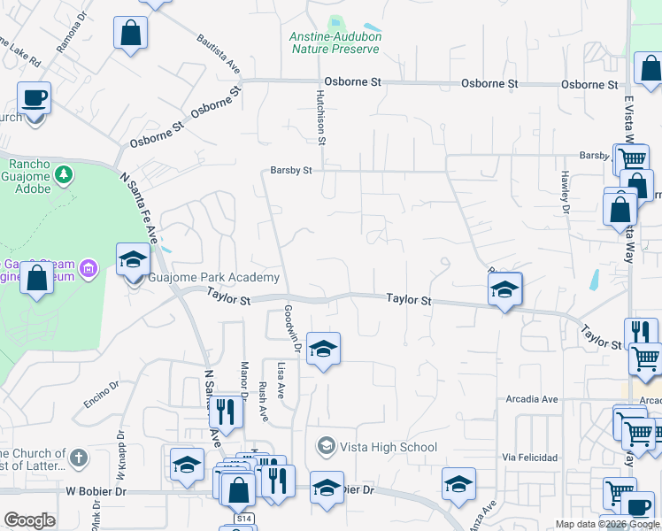 map of restaurants, bars, coffee shops, grocery stores, and more near 1957 Cresthaven Drive in Vista