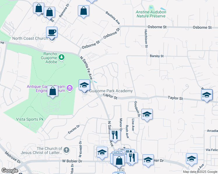 map of restaurants, bars, coffee shops, grocery stores, and more near 1987 Paseo Del Rey in Vista