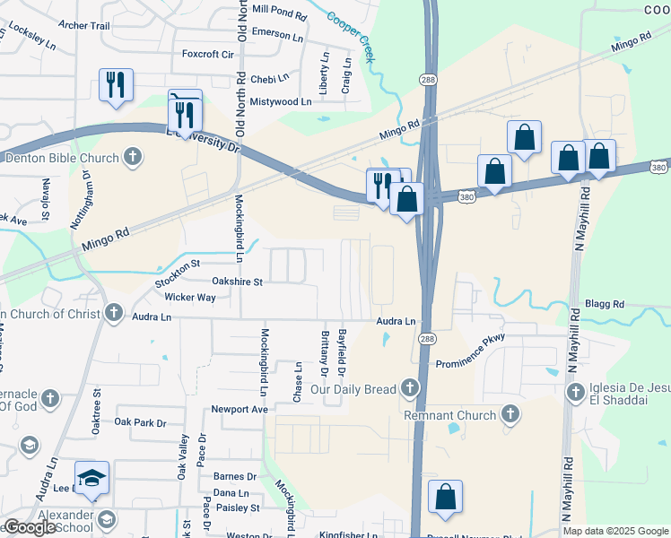 map of restaurants, bars, coffee shops, grocery stores, and more near 1317 Bayfield Drive in Denton