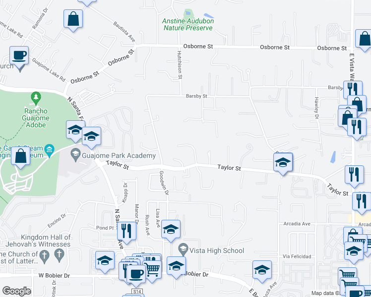 map of restaurants, bars, coffee shops, grocery stores, and more near 1957 Cresthaven Drive in Vista
