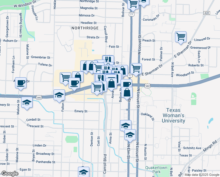 map of restaurants, bars, coffee shops, grocery stores, and more near 416 West University Drive in Denton