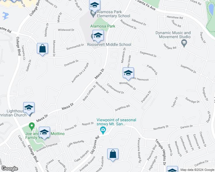 map of restaurants, bars, coffee shops, grocery stores, and more near 1247 Cottonwood Drive in Oceanside