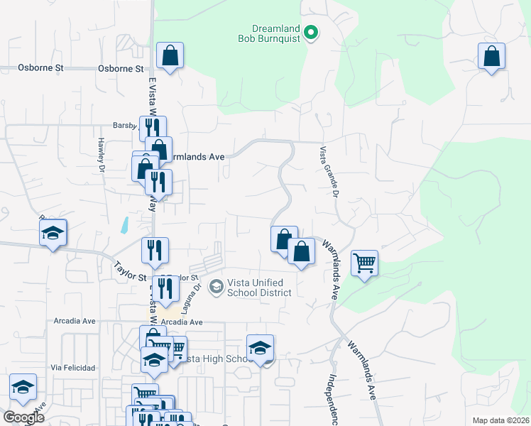 map of restaurants, bars, coffee shops, grocery stores, and more near 2110 Warmlands Avenue in Vista